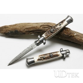 AKC Black party jump knife Damascus steel folding knife with antler handle UD405161